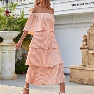 OFF THE SHOULDER PLEATED LAYERED MIDI DRESS. NEVER WORN. SIZE M
